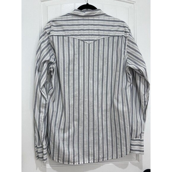 LUCKY BRAND Western White Blue Pearl Snap Sz M Cotton Native Striped Americana - Picture 4 of 7